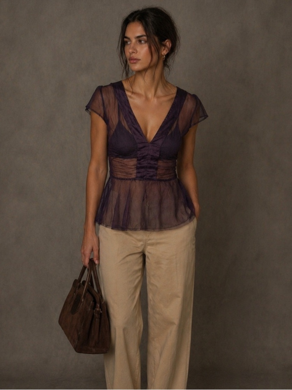 Sheer Plum Mesh Peplum Top – NOA NOA – Size M - Picture 3 of 7